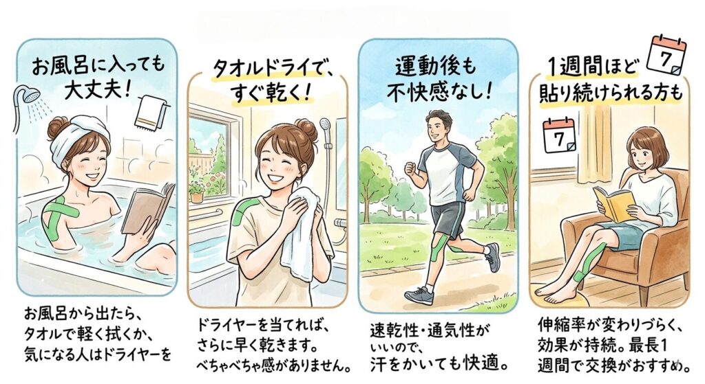 キロテープを貼っている間の過ごし方についてまとめた画像。