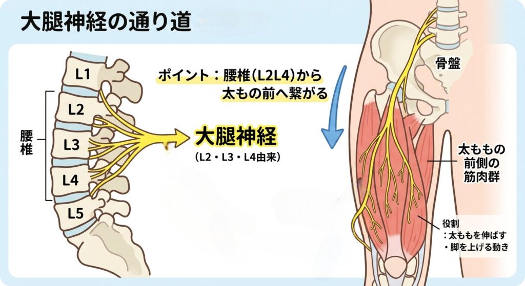 大腿神経の走行をまとめた画像。