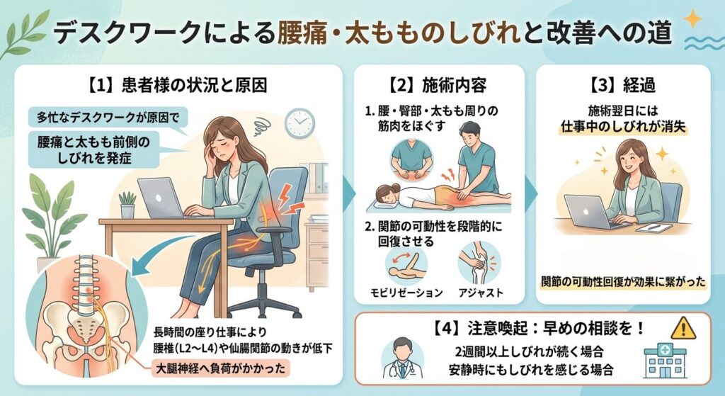 太もも前側のしびれと腰痛を同時に抱えた30代女性の施術記録をまとめた画像。