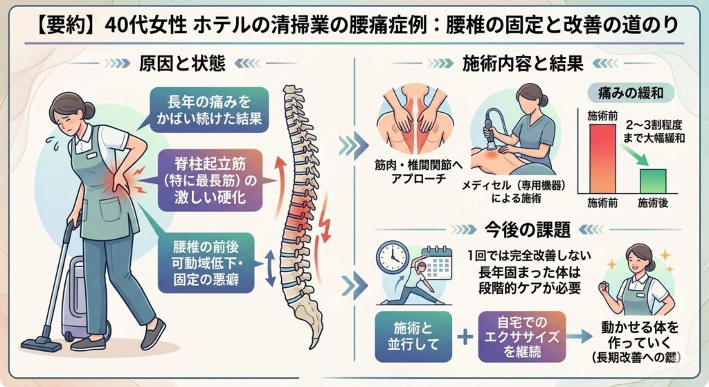 腰椎が固まって腰痛が改善しない40代女性の症例をまとめた画像
