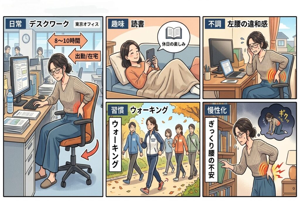 今回のモデル。40代。デスクワークに従事。趣味は読書の女性のケースをまとめた画像。