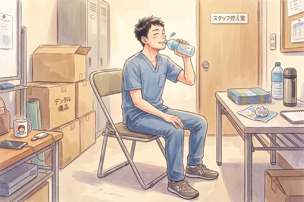 立ち仕事の合間に座って休憩する男性。