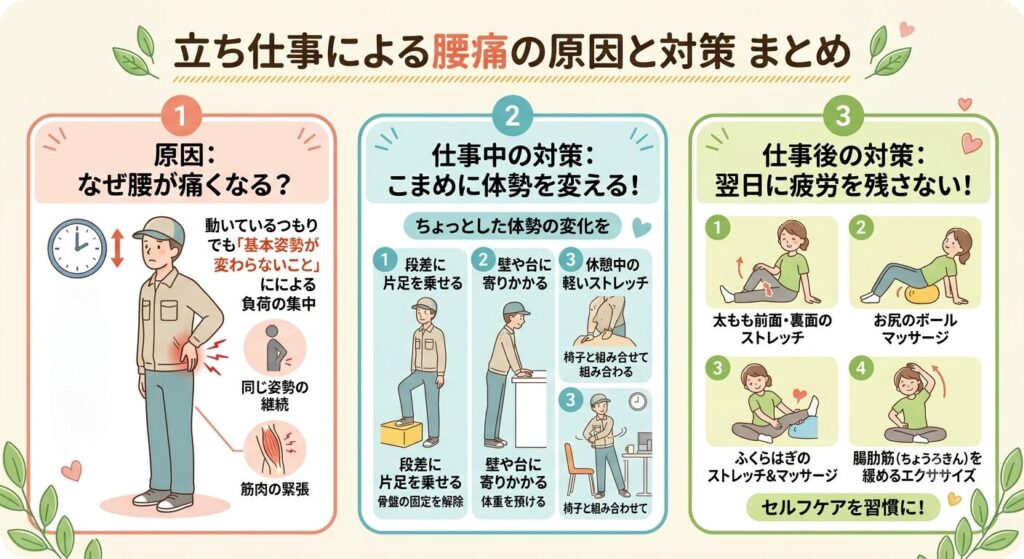 立ち仕事で腰が痛くなる原因と対策をまとめた画像。