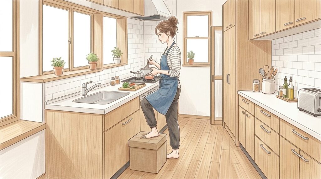 キッチンで段差に足を乗せて作業する女性のイラスト
