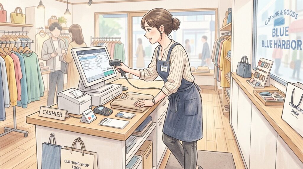 台に寄りかかりながら作業をする女性のイラスト