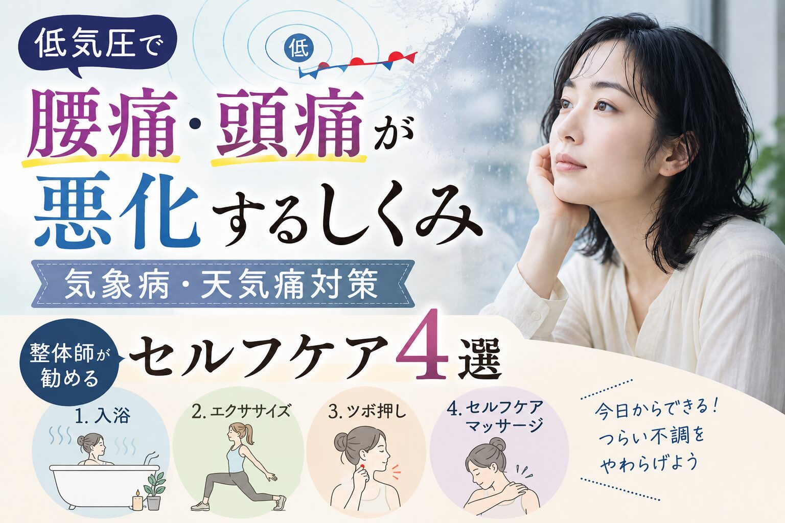 低気圧で腰痛・頭痛が悪化するしくみと整体師が勧めるセルフケア4選【気象病・天気痛対策】サムネイル画像。