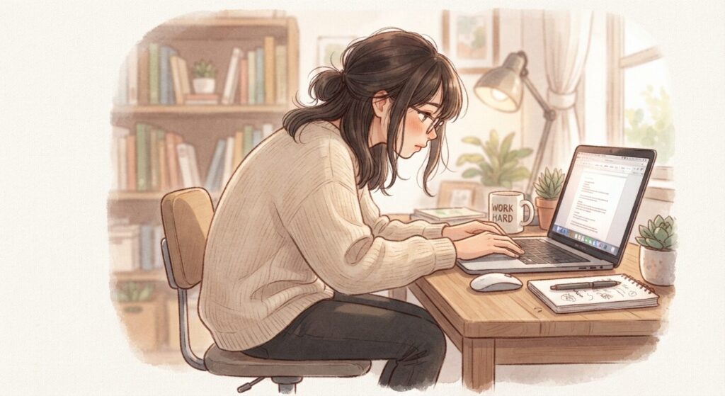 猫背になりながらpc作業を行う女性