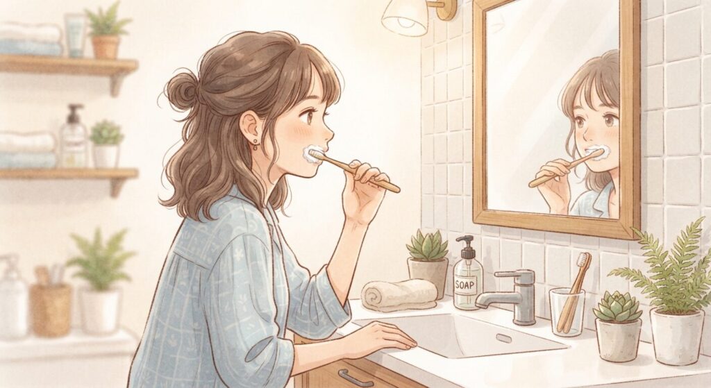 自宅で丁寧に歯を磨く女性