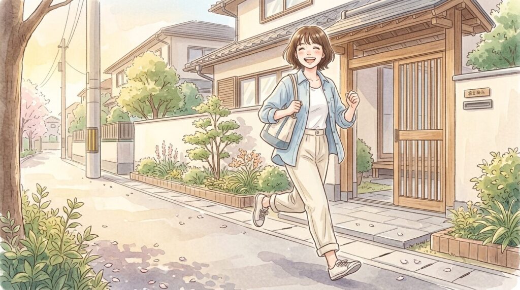 お尻の痛みがなくなり小走りで帰宅する女性