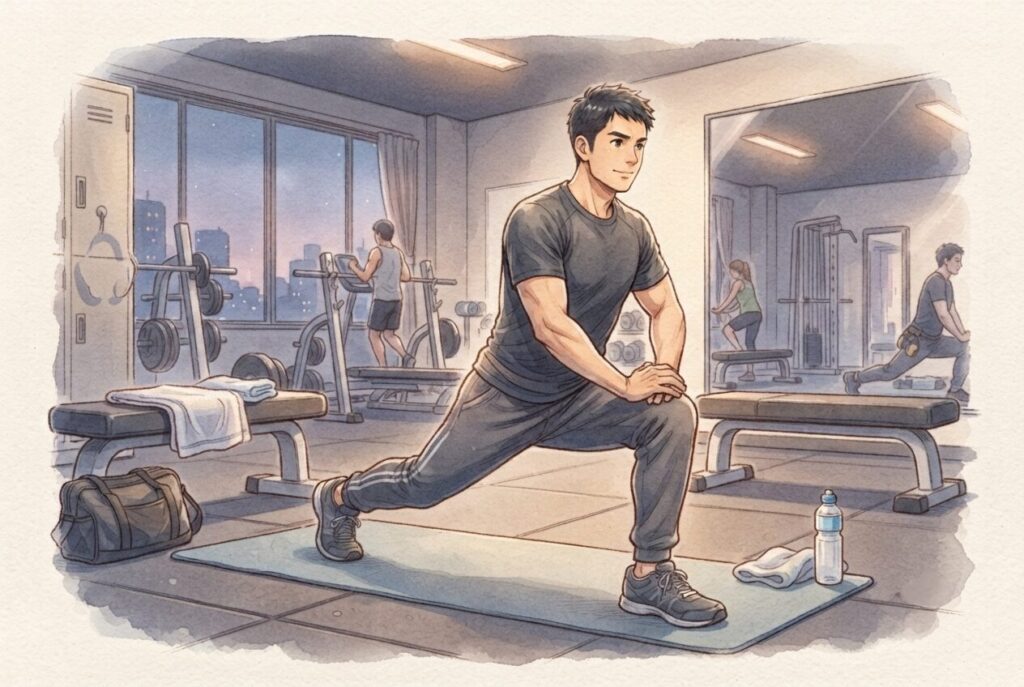 股関節のストレッチをする男性