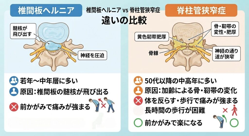 脊柱管狭窄症とヘルニアの違いをまとめた画像