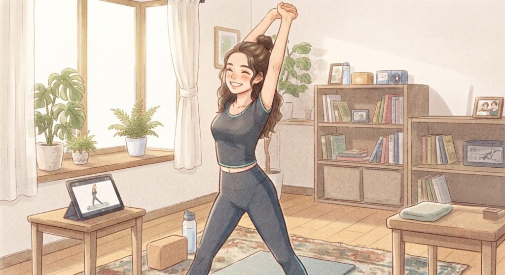 自宅で教わったエクササイズを行いカラダの調子が良い女性。