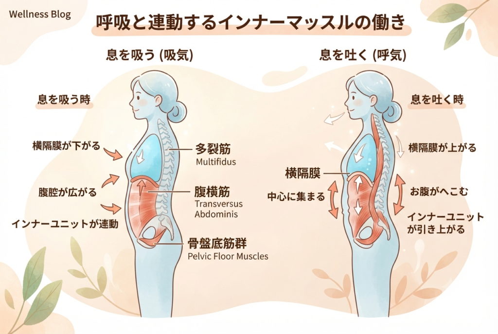 呼吸と横隔膜、腰痛の関係性を表したイラスト