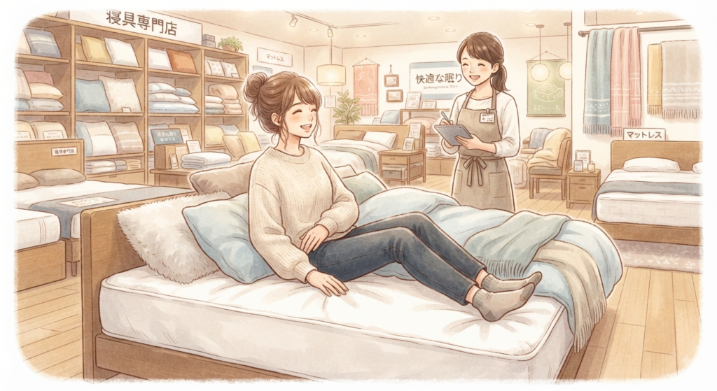 マットレスを選びにお店に出向く女性のイラスト