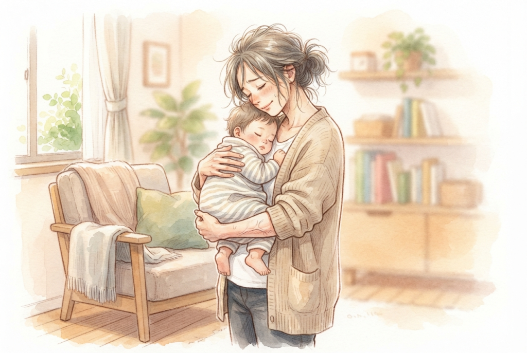 子供の抱っこで腕がパンパンになる女性のイラスト