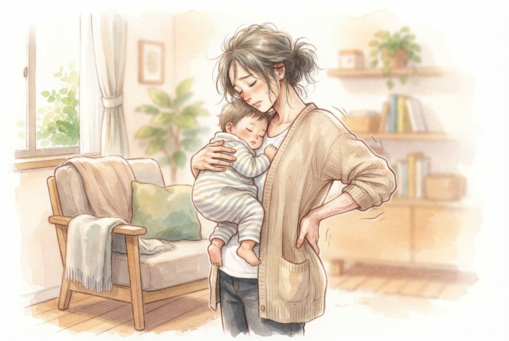 抱っこで背中が痛くなってきた女性のイラスト