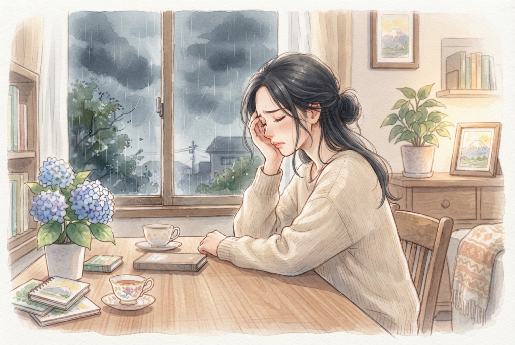 気圧の変化に苦しむ女性のイラスト