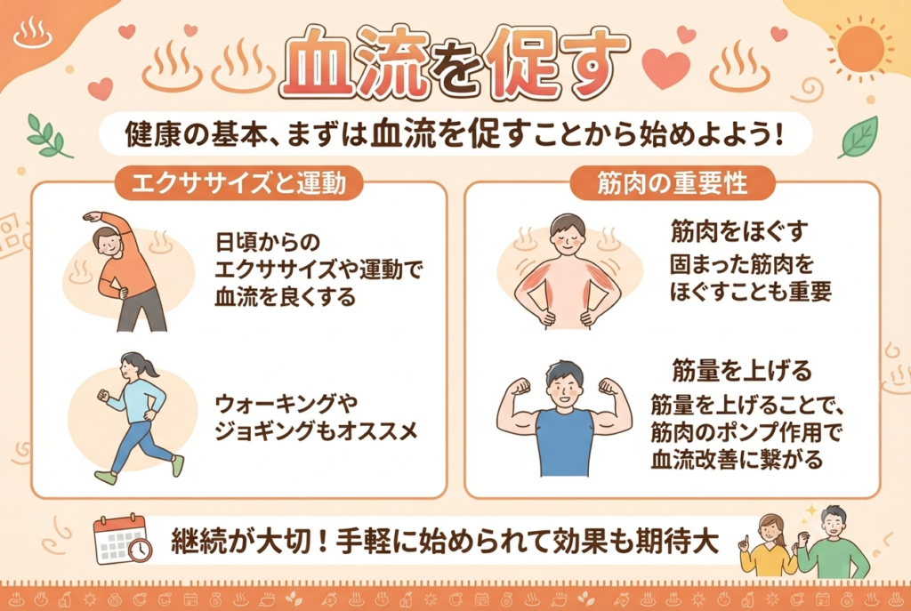血流を促す方法をまとめたイラスト