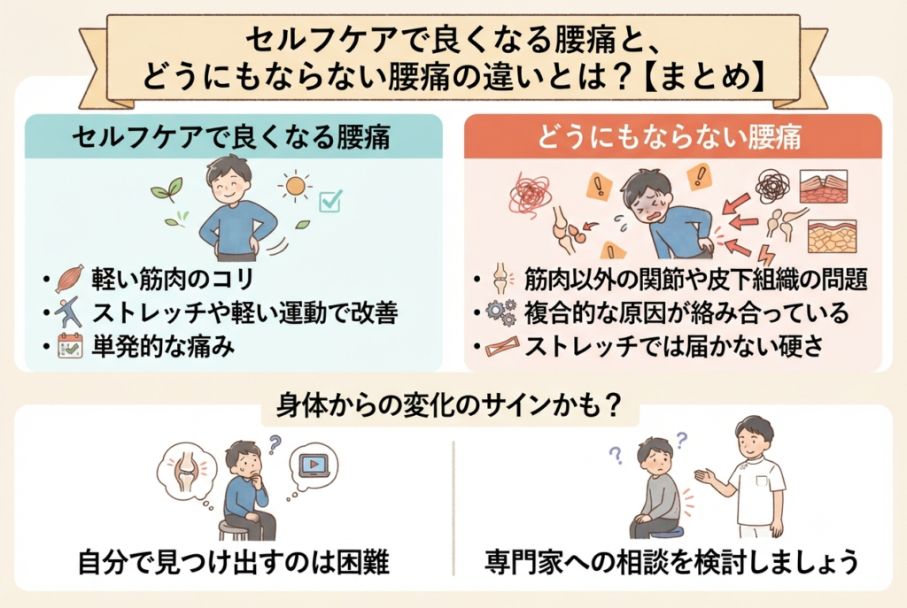 セルフケアで良くなる腰痛と、どうにもならない腰痛の違いとは?をまとめたインフォグラフィック
