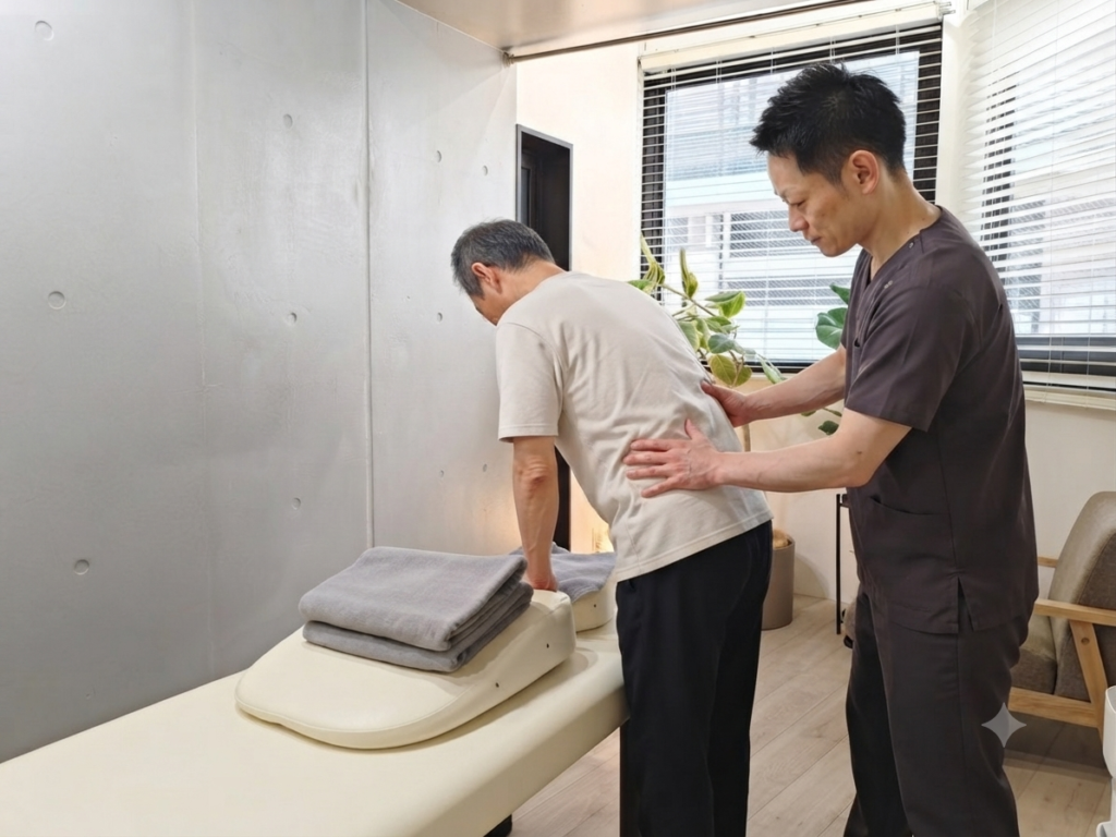 整体院urokoBodyCareで腰の検査を行う様子。
