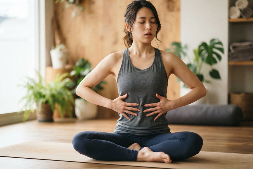 横隔膜や肋骨の機能を確認する女性の画像。