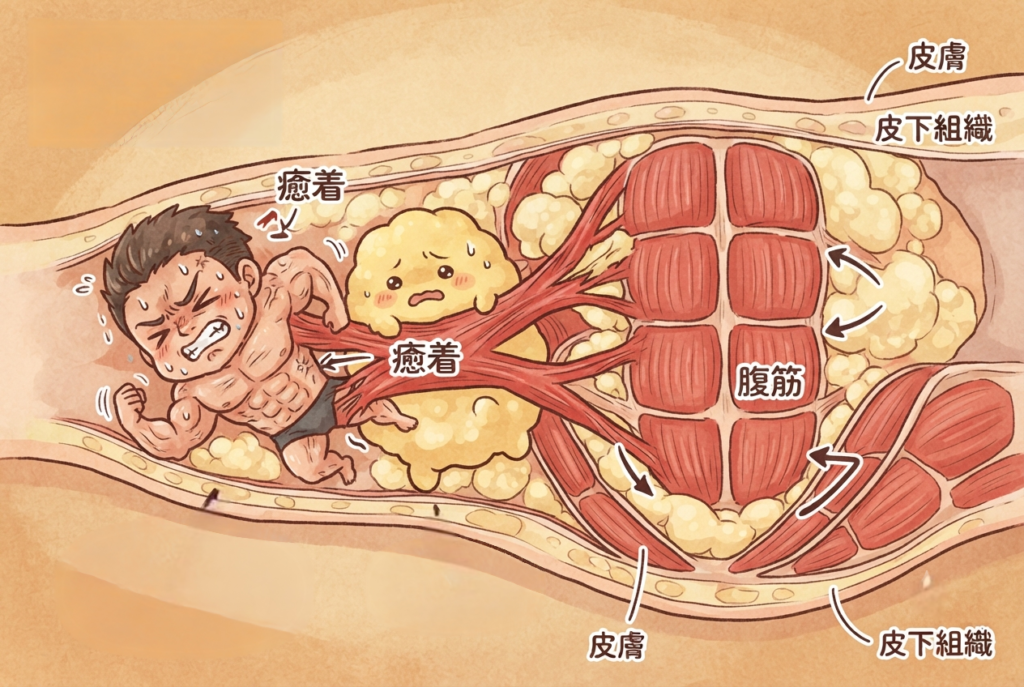 腹筋と皮下組織が癒着している様子を表したイラスト