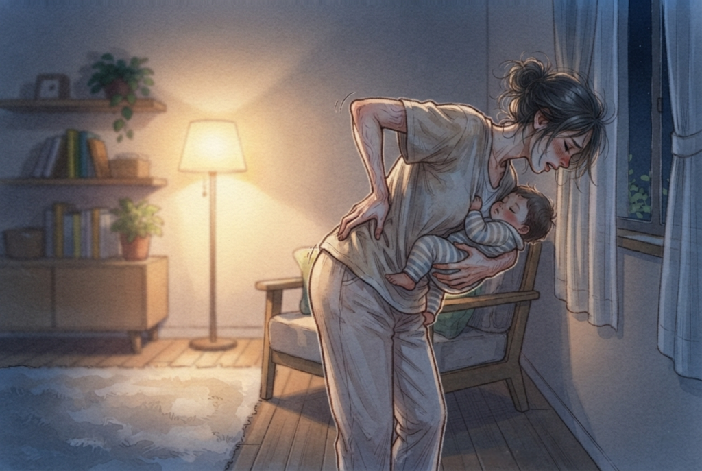 夜泣きに対応して腰の関節を痛める女性のイラスト