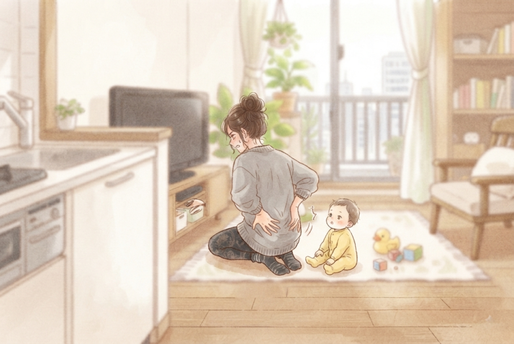 子育てでお尻まわりの筋肉が疲労している女性のイラスト