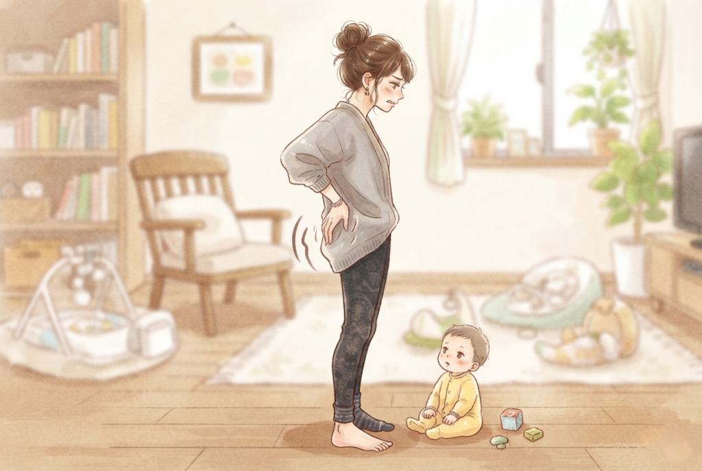 スウェーバック姿勢で腰に負担を掛けている女性のイラスト