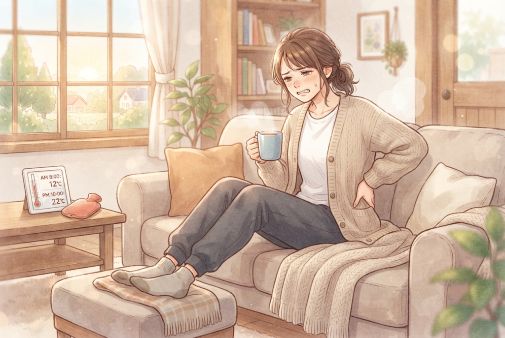 気温の低い日に腰が痛む女性のイラスト