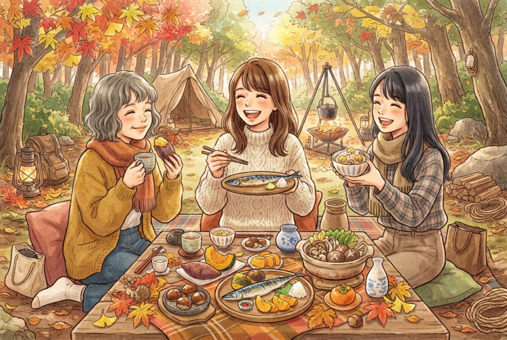 秋の味覚を楽しむ女性のイラスト