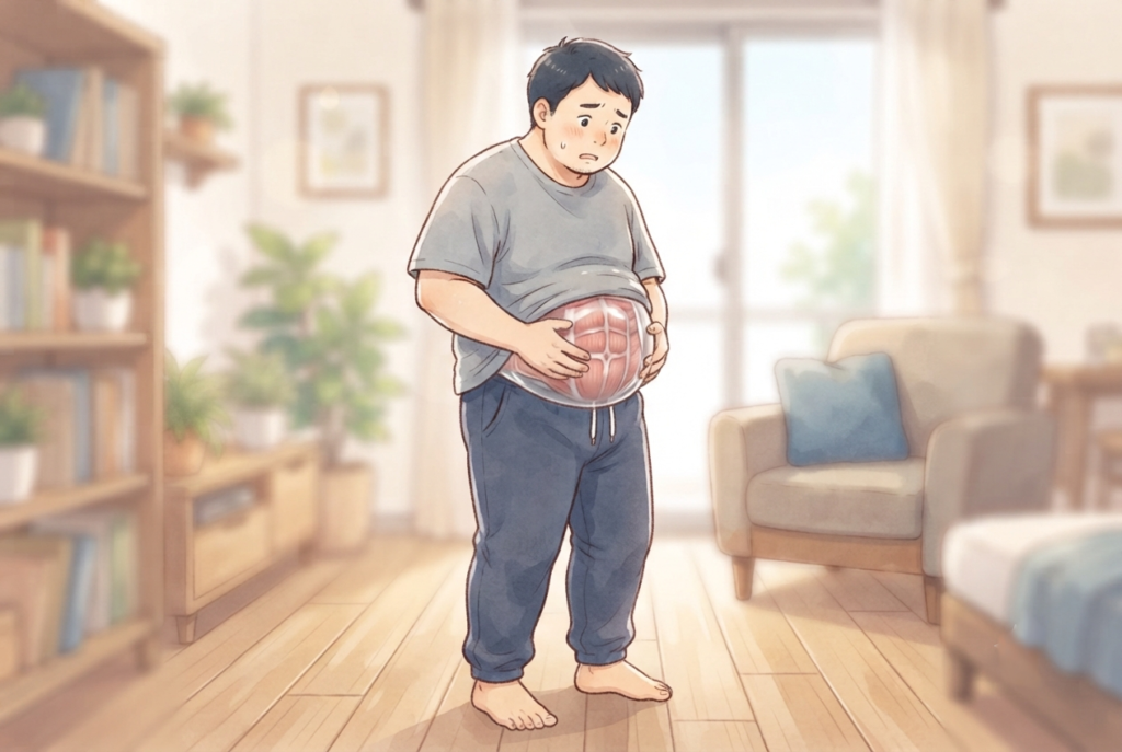 腹横筋が使えていない男性の様子。