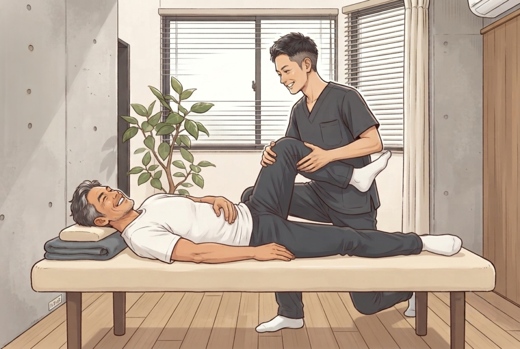 股関節の柔軟性をつける様子。