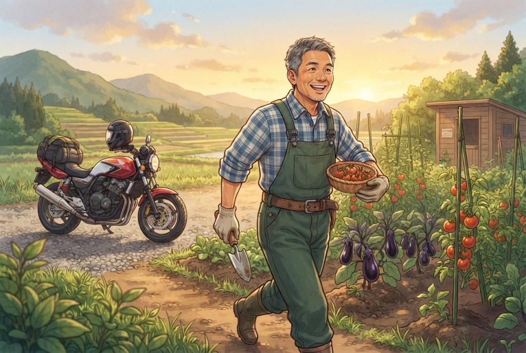 バイクと畑仕事が趣味の男性のイラスト
