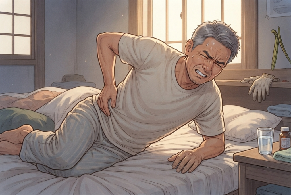 腰の痛みで寝返りがつらい男性のイラスト