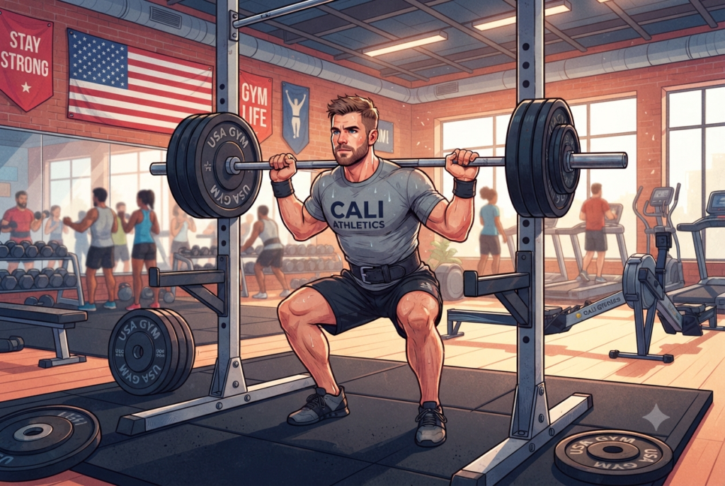 ジムでトレーニングをするアメリカ人男性のイラスト