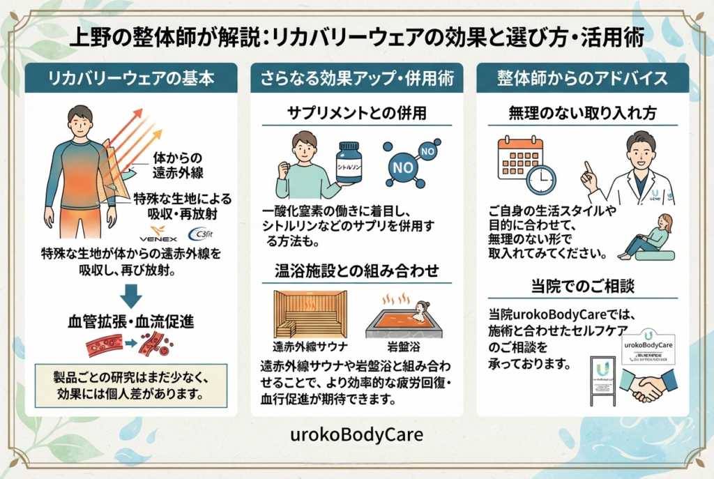 上野の整体師が解説リカバリーウェアの効果と選び方【まとめ】インフォグラフィック
