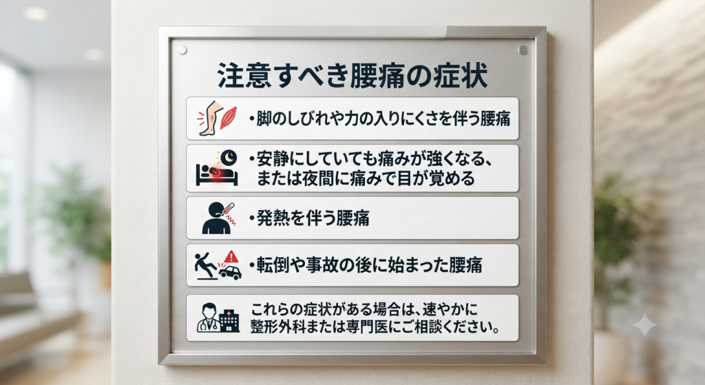腰痛で注意するべきポイントをまとめた画像