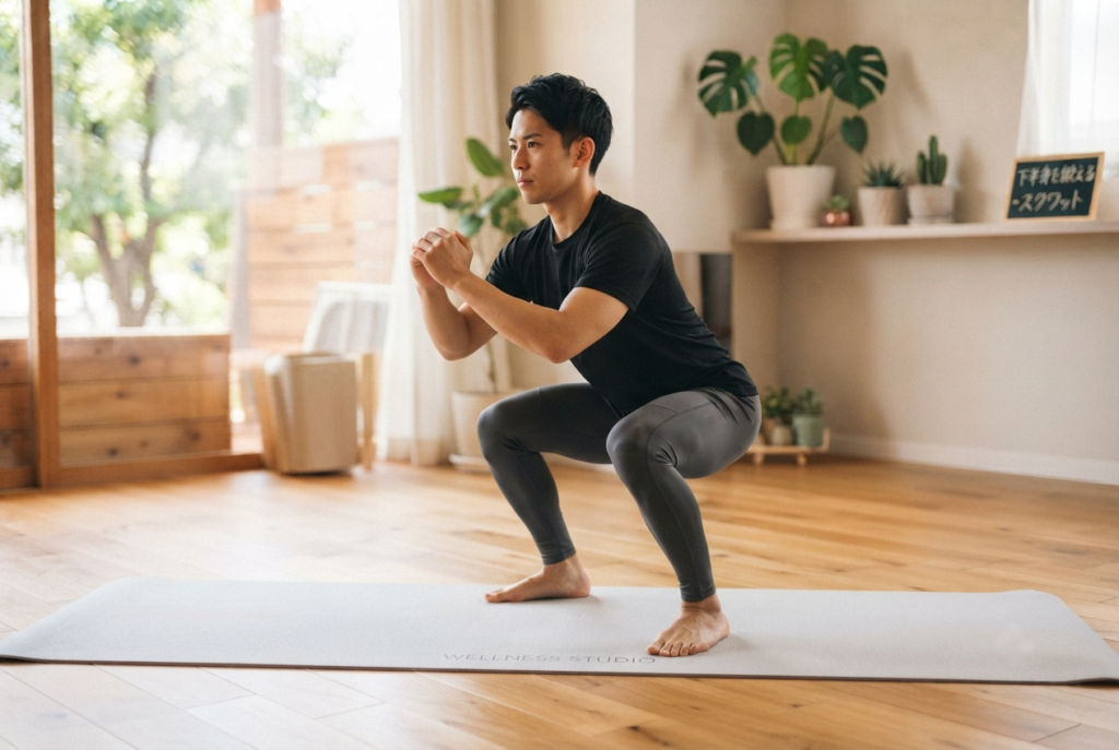 スクワットで足のトレーニングをする男性。
