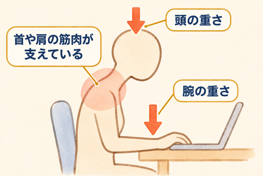 頭と腕の重さを支えることを表したイラスト