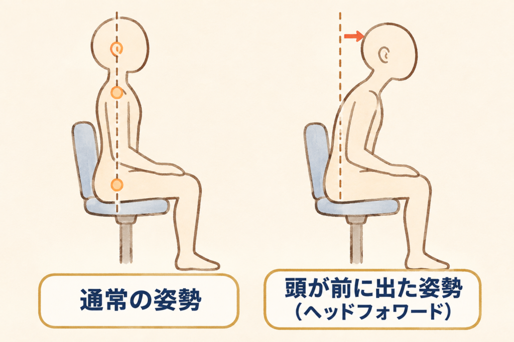 下部頸椎が屈曲し、正面を見るために上部頸椎を伸展させている姿勢のイラスト