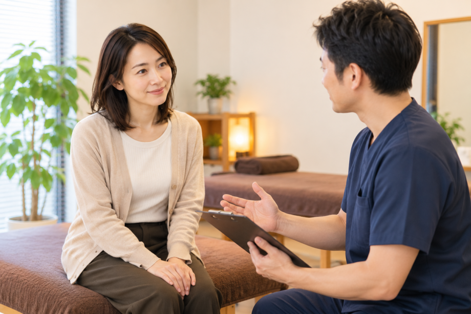 整体院で施術者に相談する女性