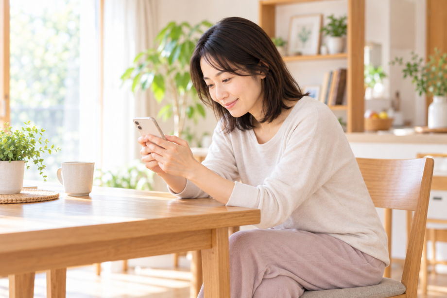 ダイニングテーブルで頭を前に出してスマホを見る女性