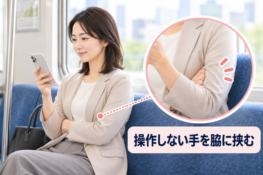 電車の座席で、操作しない手を脇に挟んでスマホを見る女性