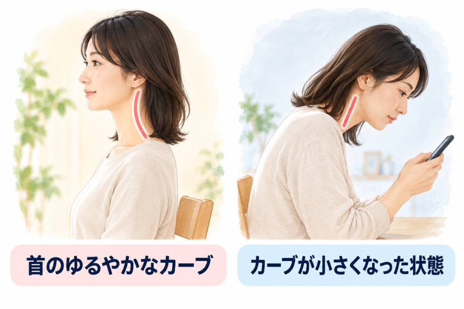 首のゆるやかなカーブと、カーブが小さくなった状態を横から比べた図